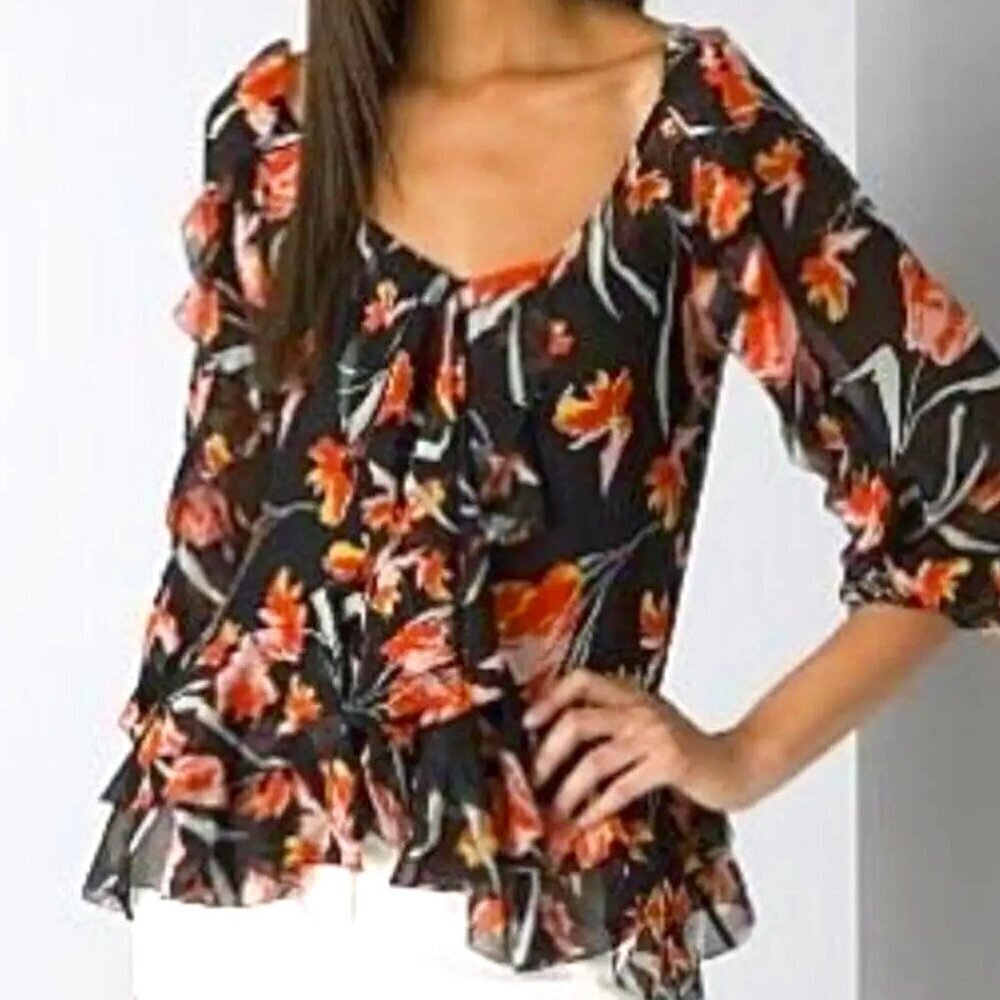 Diane Von Furstenberg Benedetta Tulip Sheer Floral Ruffle Silk Top